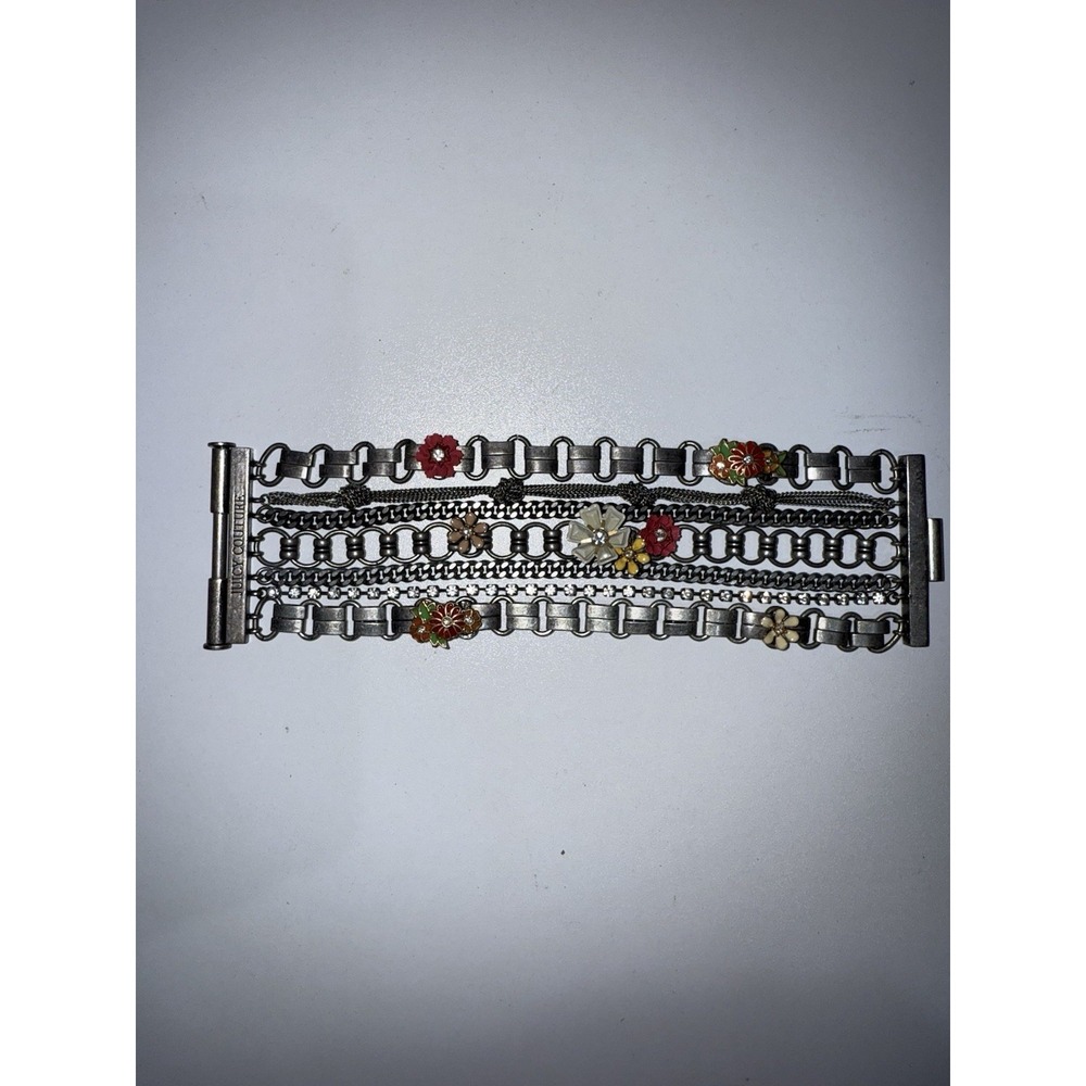 Vintage Juicy Couture Silver Multi Chain Wide Bracelet Flowers Floral Boho Y2K